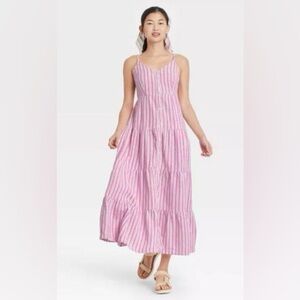 Universal Thread Women’s XS Striped Maxi Tiered Dress Buttoned Pockets Spring